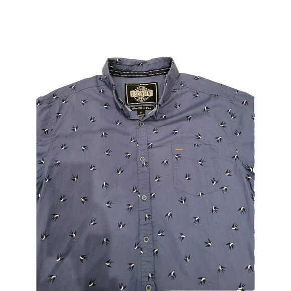 Descendent Mens Large Shirt Button Down Short Sleeve Bird Print Blue Preppy - Picture 1 of 9